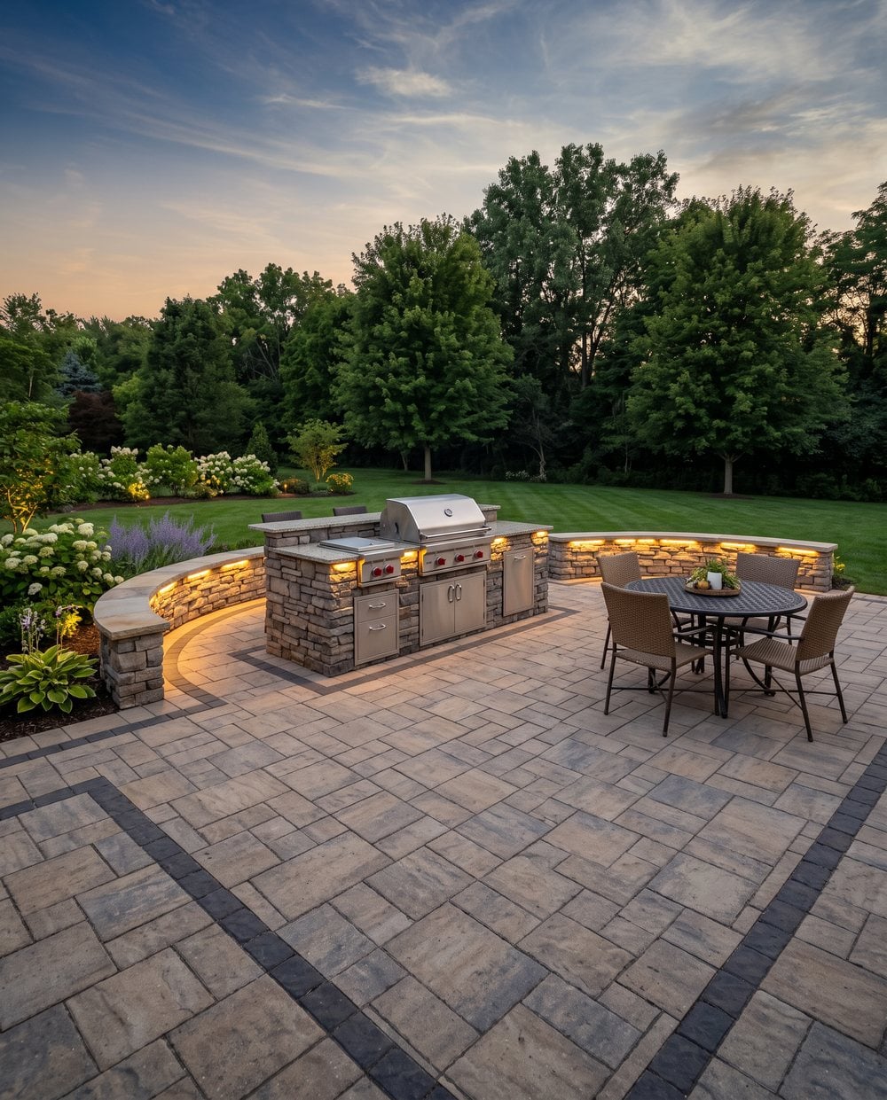 Paver patio with a built-in outdoor kitchen and lit stone seating wall at dusk