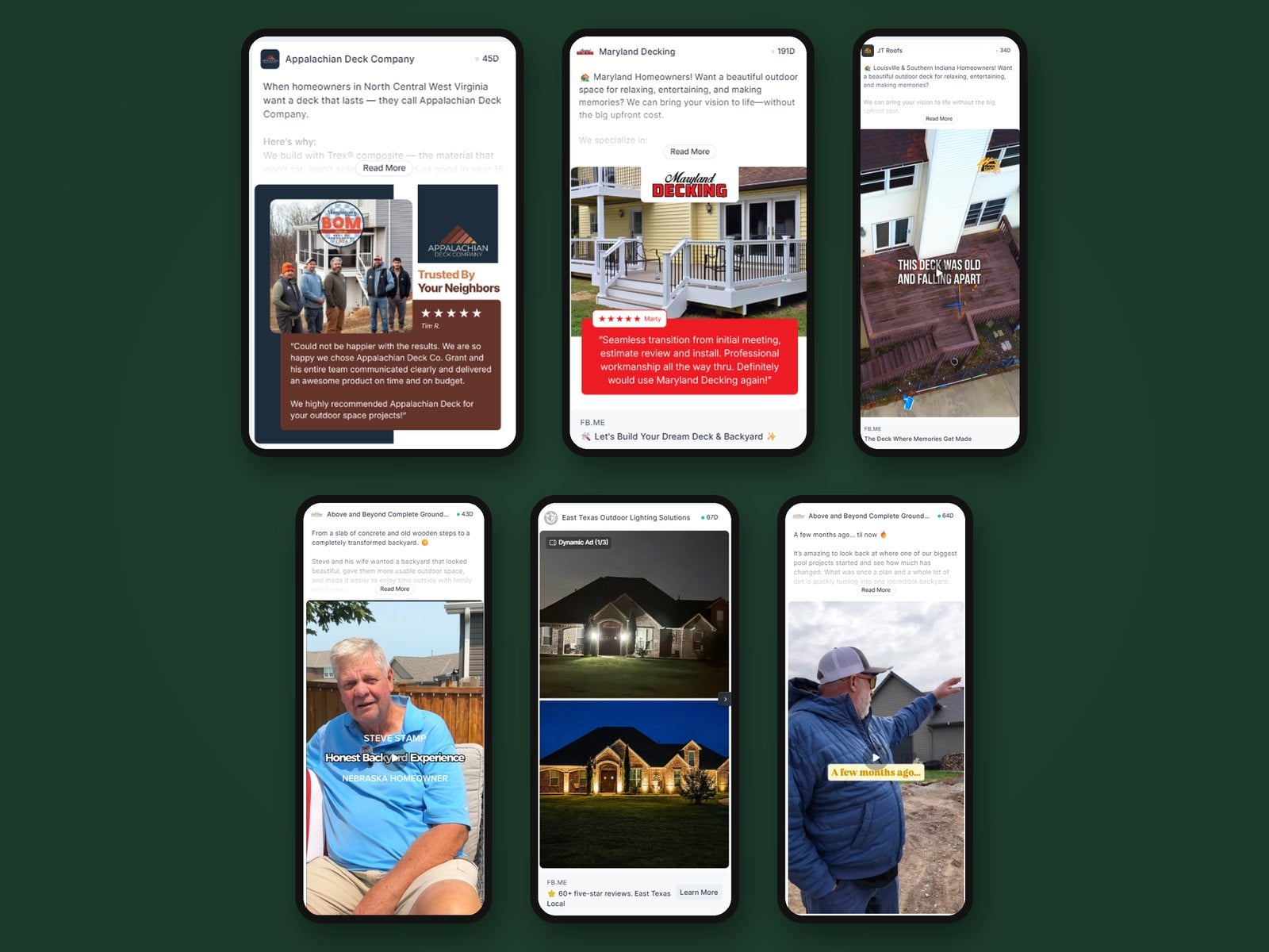 Six Meta ads Mill Creek runs for outdoor living clients: deck, lighting and backyard projects told through reviews and homeowner stories