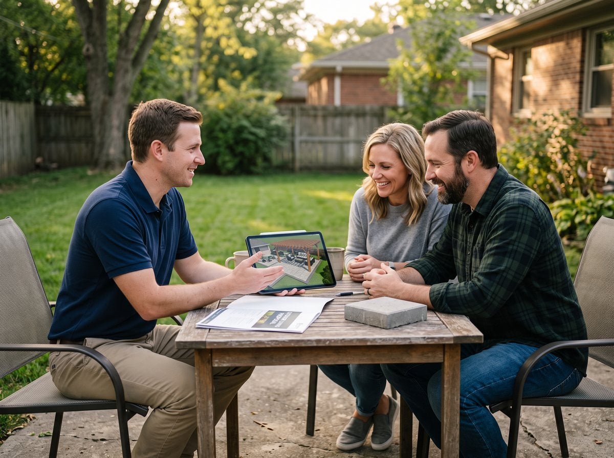 Sales rep walking homeowners through a patio design and price in person, in their backyard