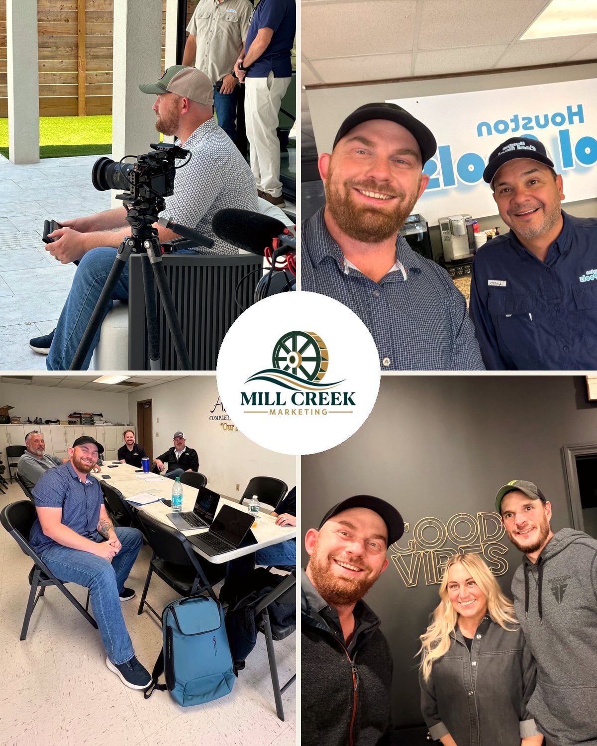 Rex Andrews on site with Mill Creek clients: filming a job, at Houston Cool Pools, with the Above & Beyond team, and at Forsman’s Finest Decks